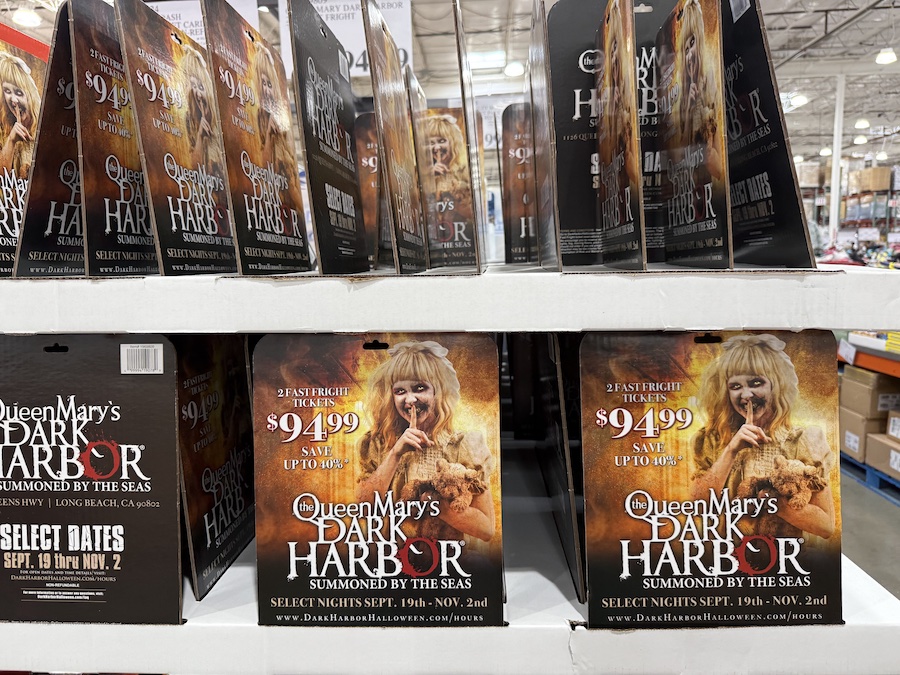 Tickets for The Queen Mary’s Dark Harbor Halloween event featured on a special event gift card rack.