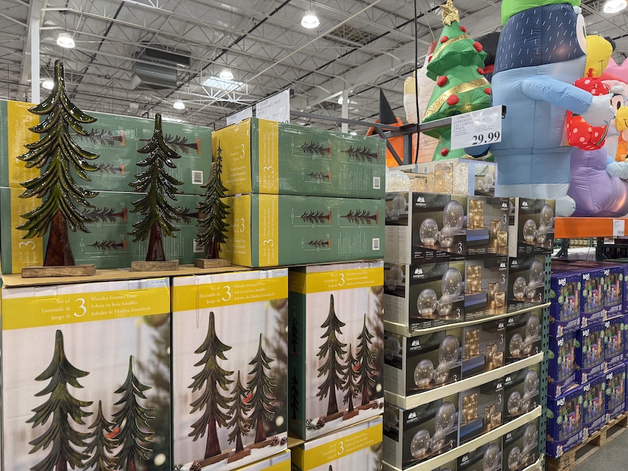 Set of three wood enamel trees in neutral tones for seasonal décor.