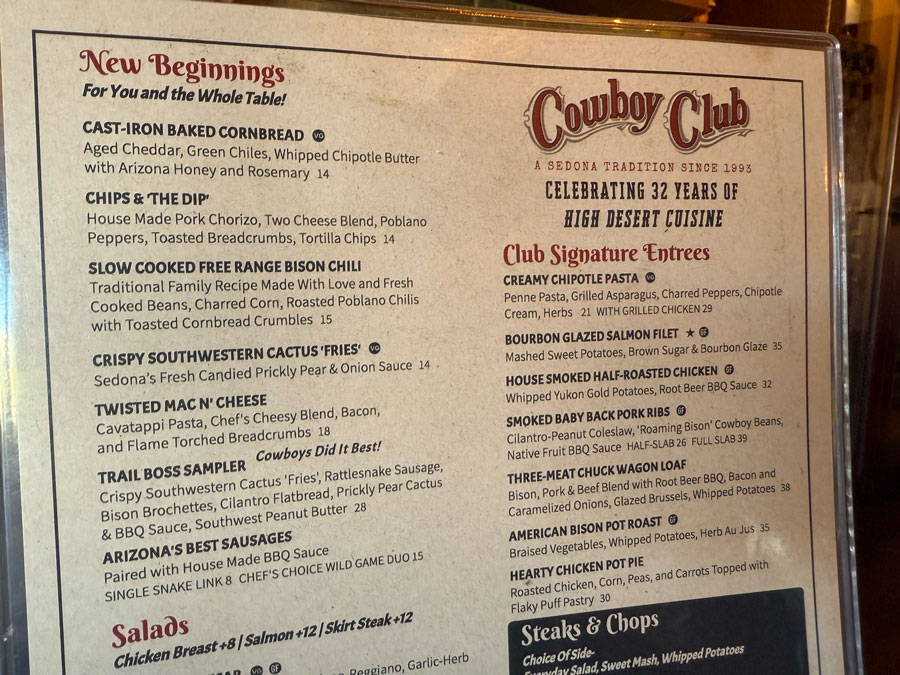 Cowboy Club Grille & Spirits menu - Uptown Sedona, AZ