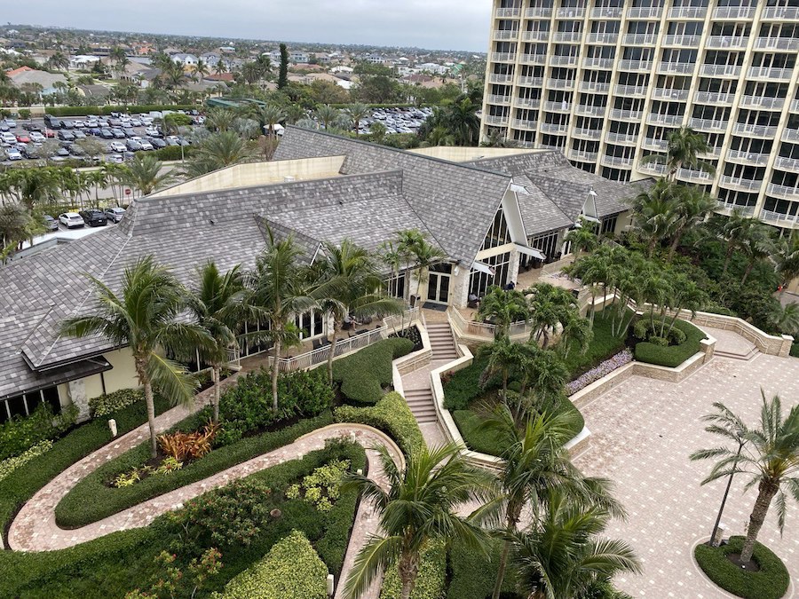 A high-angle view of the hotel's grounds.
