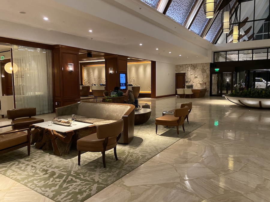 The hotel’s luxurious, contemporary lobby with high ceilings.
