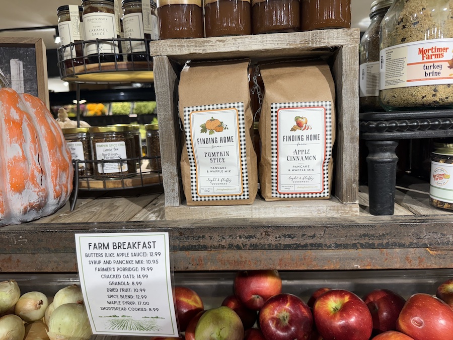 Pancake and waffle mix packages arranged near other breakfast favorites.