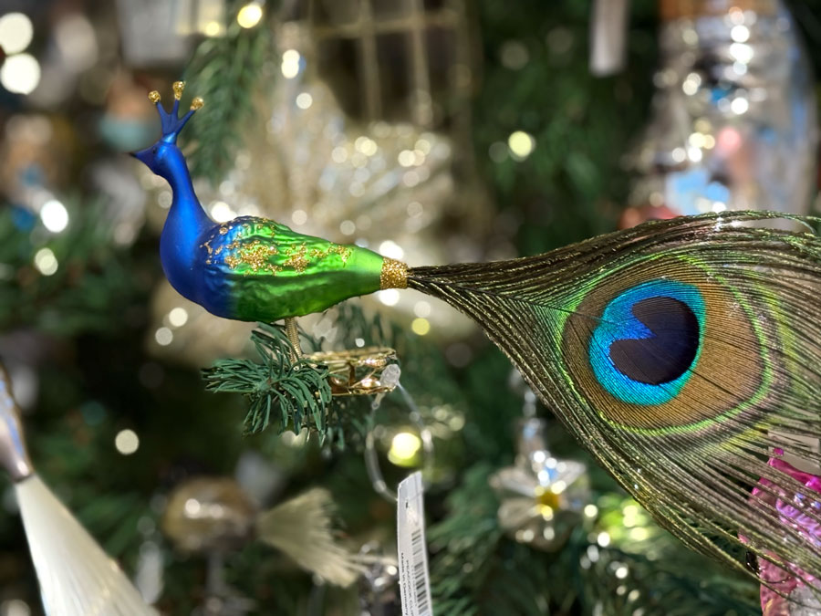 Peacock with a luxurious natural tail Christmas ornament at Roger's Gardens