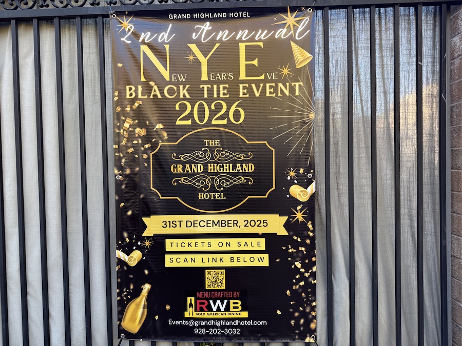 Poster for the 2nd Annual New Year’s Eve Black Tie Event 2026 in Prescott, featuring elegant typography and festive gold and black design elements.