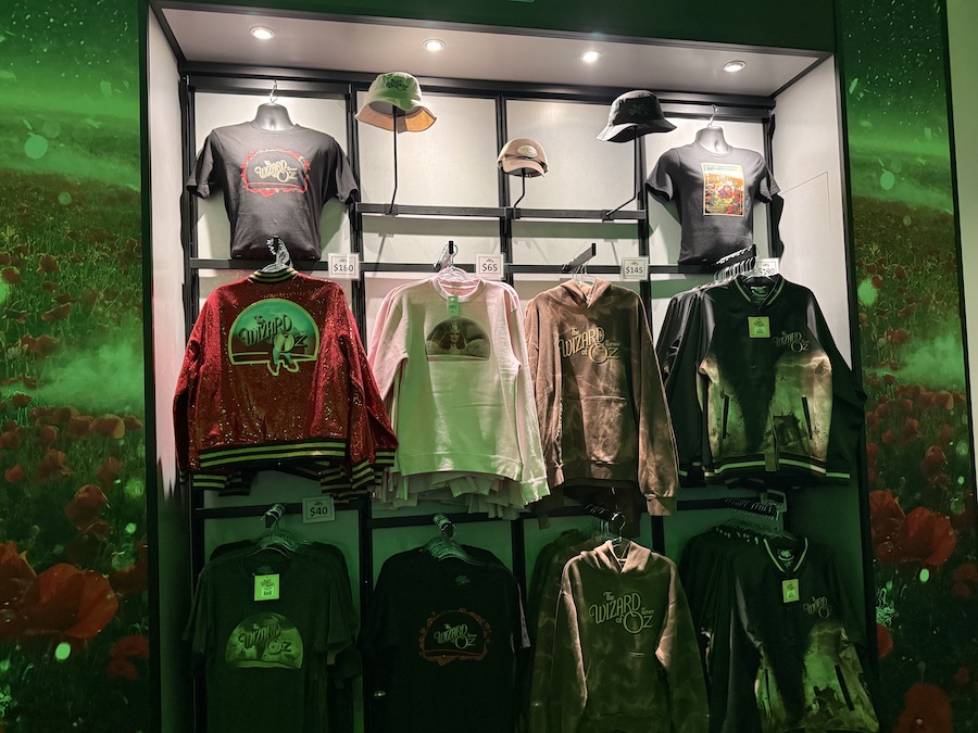 A retail display wall in the merchandise area featuring various themed clothing items.