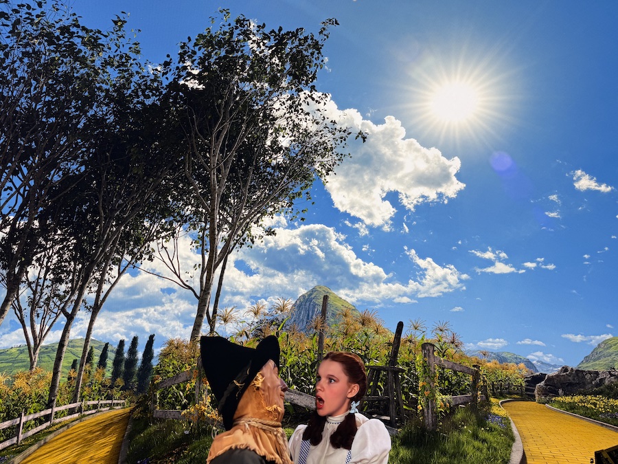 Dorothy and the Scarecrow standing on the Yellow Brick Road.