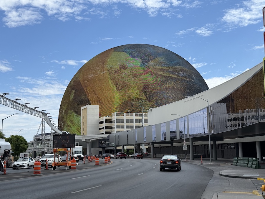 An external street view of the Sphere in Las Vegas.