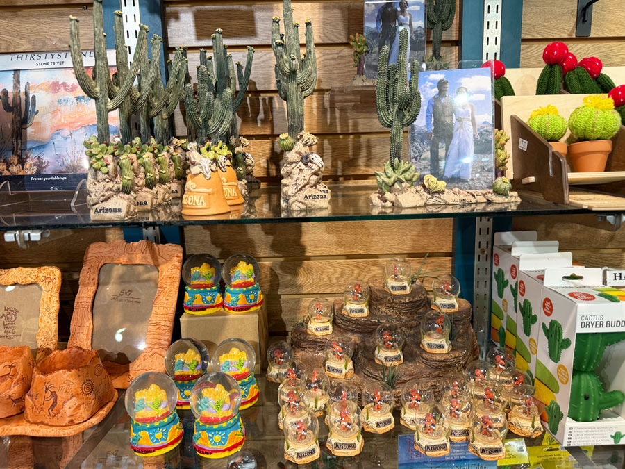 Cactus figurines and snow globes at The Naja store, Uptown Sedona