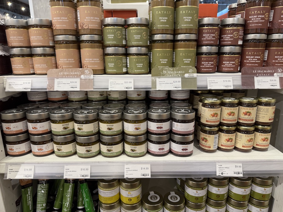 Pistachio and hazelnut spreads by Babbi next to Eataly’s own brand.
