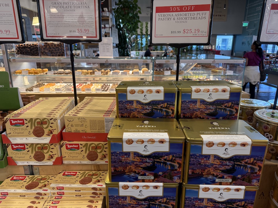 Traditional Italian butter cookies and pastries in decorative tins.