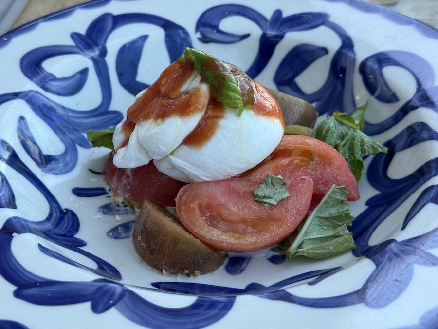 A bright appetizer of creamy burrata, drizzled with sauce and sprinkled with basil and fresh tomatoes.