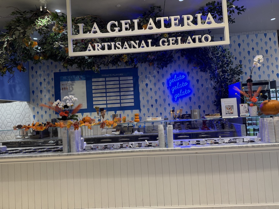 Bright and stylish La Gelateria sign at Eataly Los Angeles, inviting guests to enjoy authentic Italian gelato.