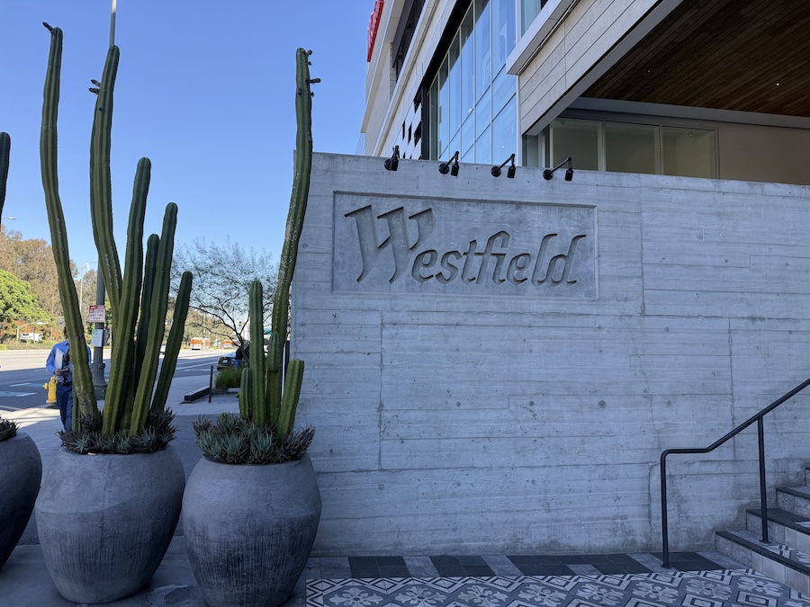The entrance to Westfield Century City Mall, with its modern architecture, welcomes shoppers to the luxury Los Angeles shopping mall.