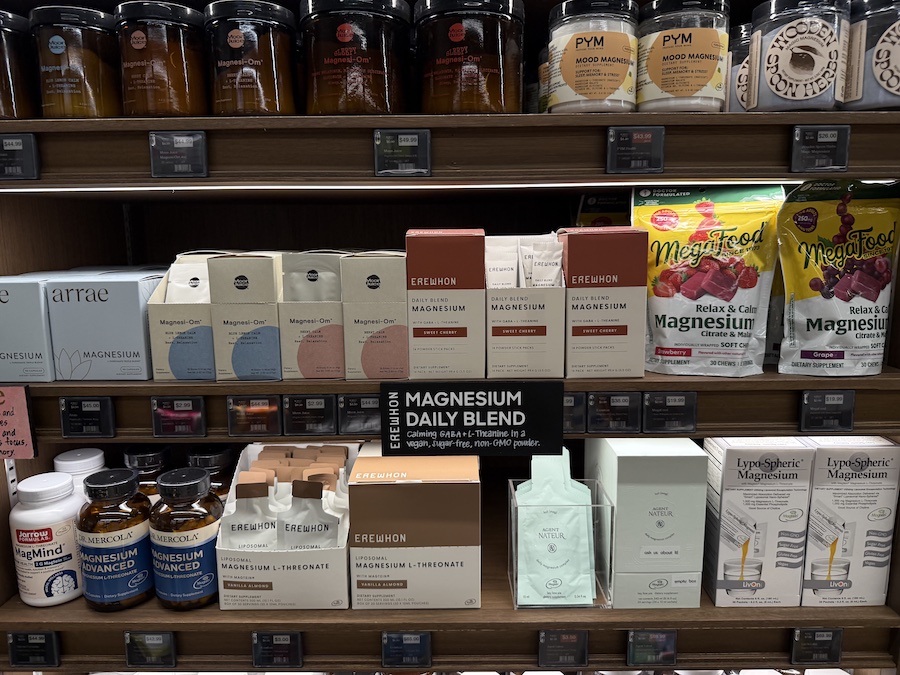 Assorted magnesium products from Moon Juice, Erewhon, Arrae, Jarrow Formulas, and Agent Nateur arranged in the mineral section.