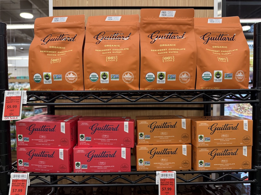 Guittard chocolate bars for baking and snacking, beautifully displayed in the baking section.