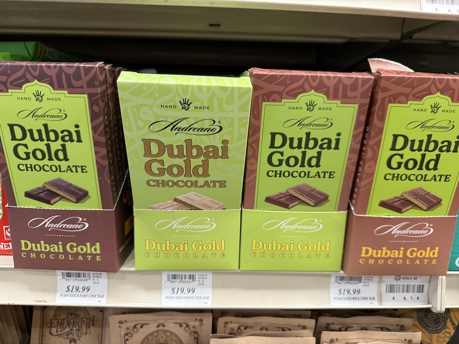 Premium Andreano Dubai Gold chocolate with elegant packaging displayed on a specialty shelf.
