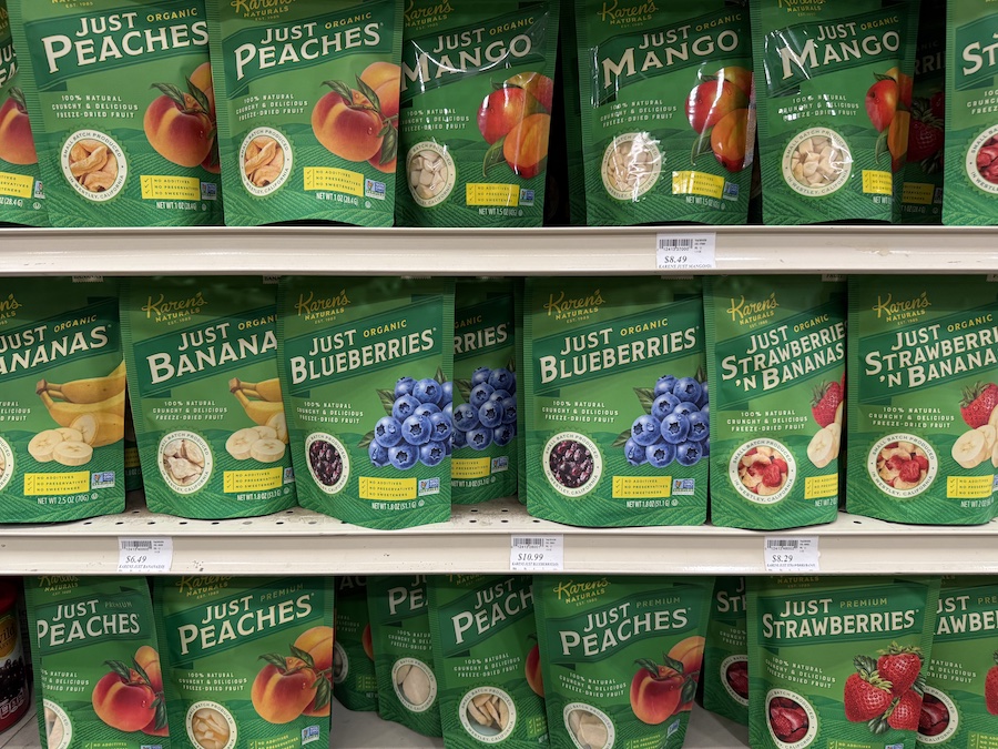 Packets of Karen’s Naturals freeze-dried fruits lined up in bright, resealable pouches.