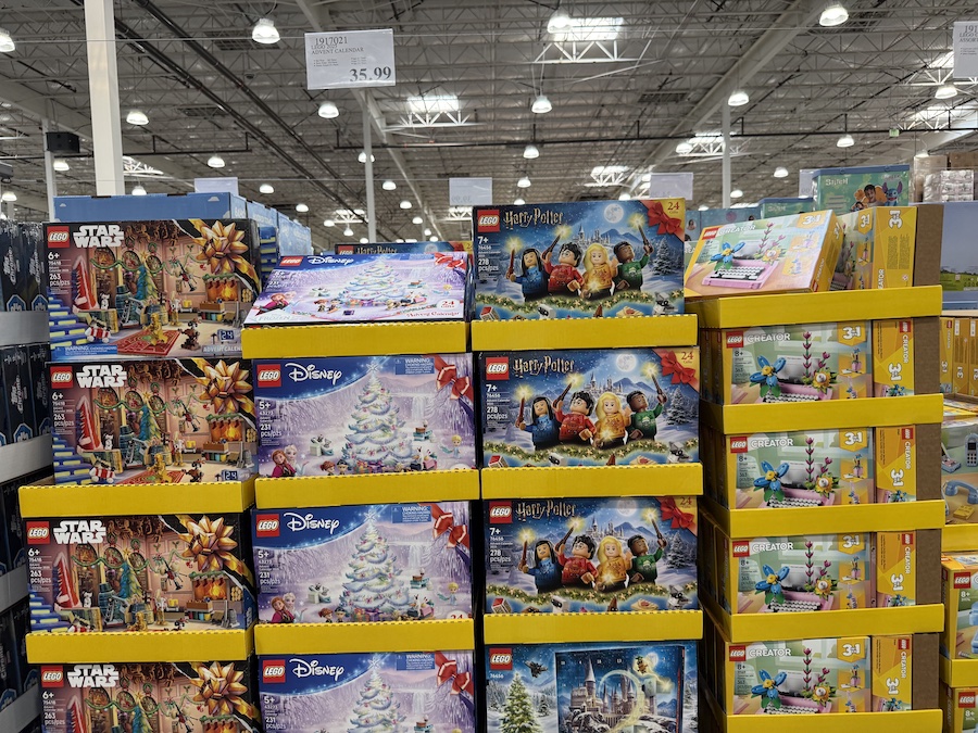 Lego sets on the shelves of a Costco store
