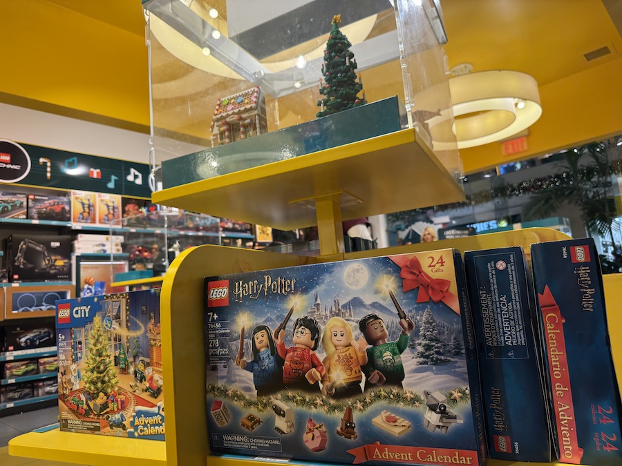 The LEGO Harry Potter Advent Calendar on display, with festive packaging showing mini-scenes from Hogwarts.
