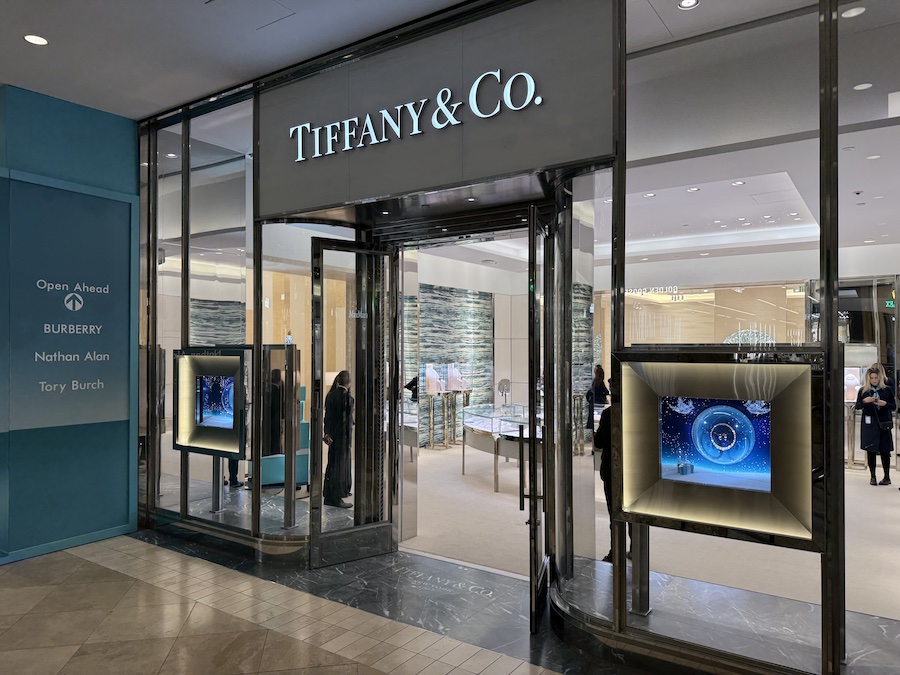 The Tiffany & Co. boutique, distinguished by its elegant turquoise color scheme and crystal lighting.
