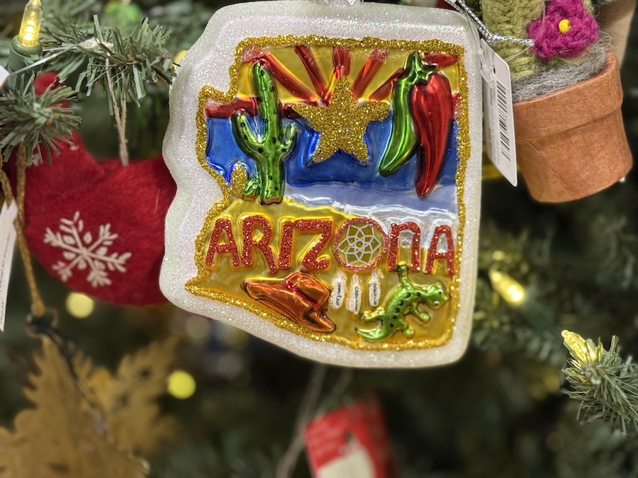 Arizona-themed tree decoration styled with desert motifs, cactus designs, and regional colors.
