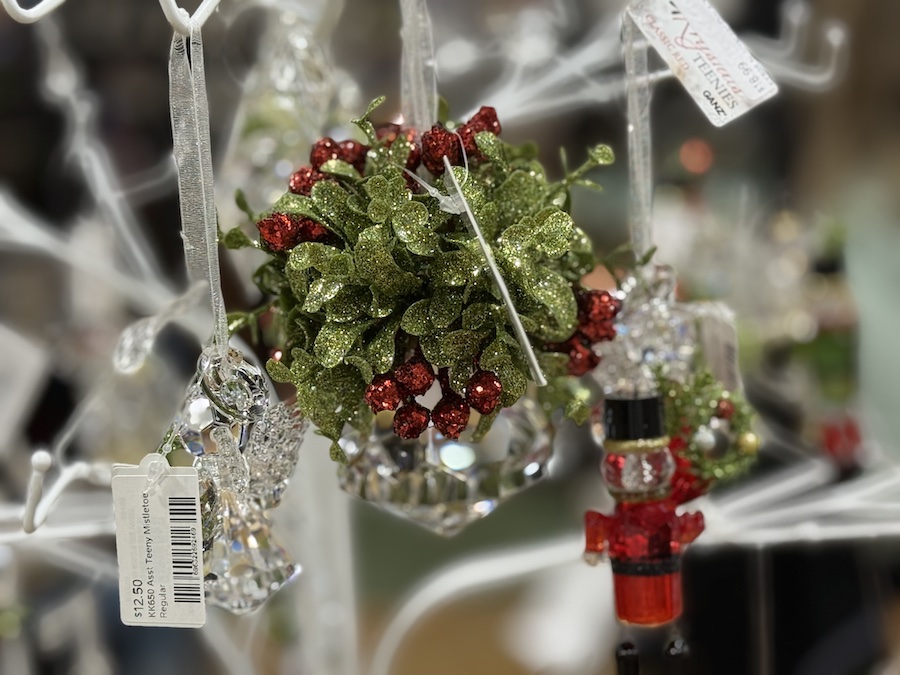 Ganz Teeny Mistletoe Jewel Ornament shimmering with crystals, shown close-up on a holiday tree.