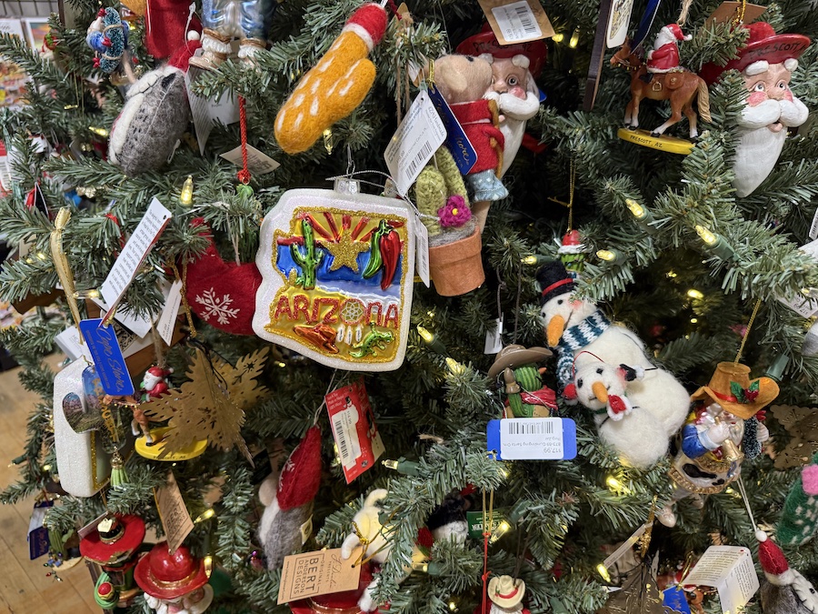 Prescott, Arizona holiday ornaments featuring local landmarks and festive artwork.