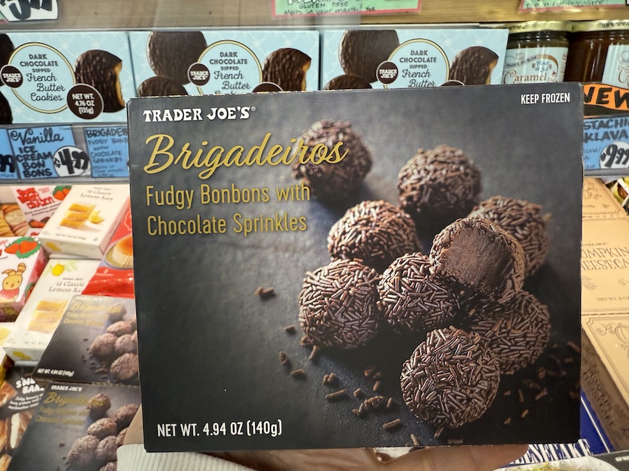 Box of Trader Joe’s Brigadeiros, showcasing vibrant packaging with truffle-like treats coated in chocolate sprinkles.