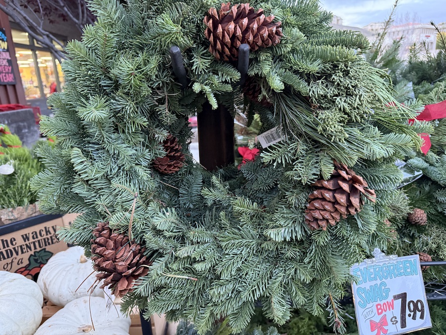 Fresh-cut evergreen swag bundles with rustic twine ties, ready to hang on doors, mantels, or stair railings for instant holiday charm.