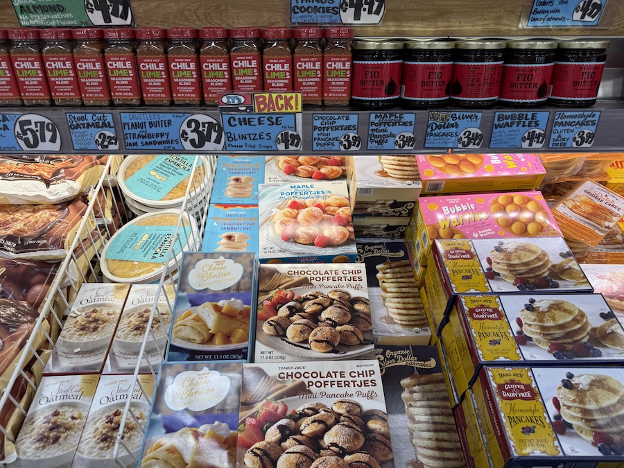 Frozen breakfast treats like Dutch poffertjes, fluffy pancakes, airy waffles, and sweet cream cheese blintzes.