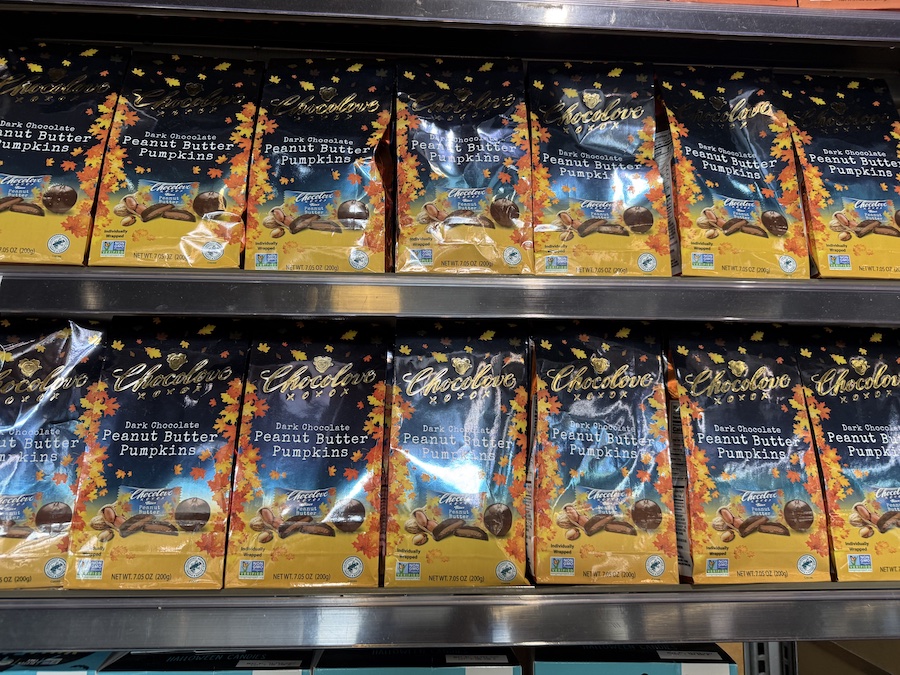 Seasonal Chocolove dark chocolate peanut butter pumpkins in decorative packaging.