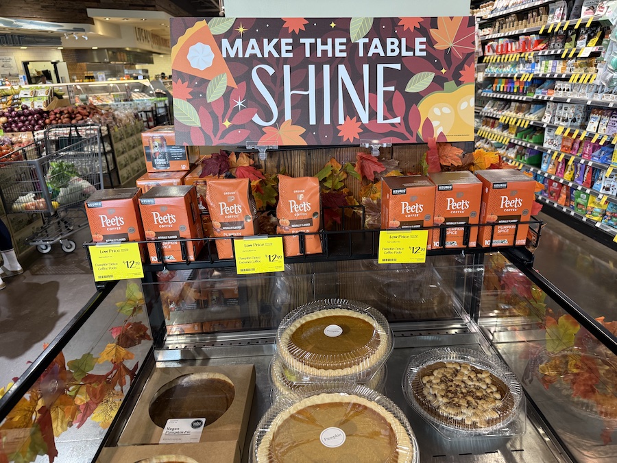 Bags of Peet’s Coffee Pumpkin Spice stacked neatly with warm, autumn-inspired branding.