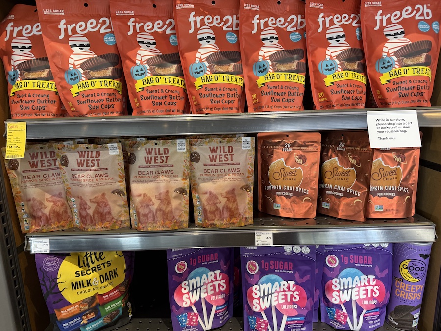 Festive shelf of allergy-friendly and low-sugar fall treats from Free2b, Wild West, and Sweet Logic.