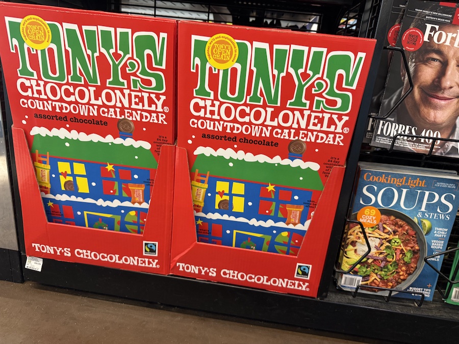 Brightly colored Tony’s Chocolonely advent calendar filled with ethically sourced chocolate treats.
