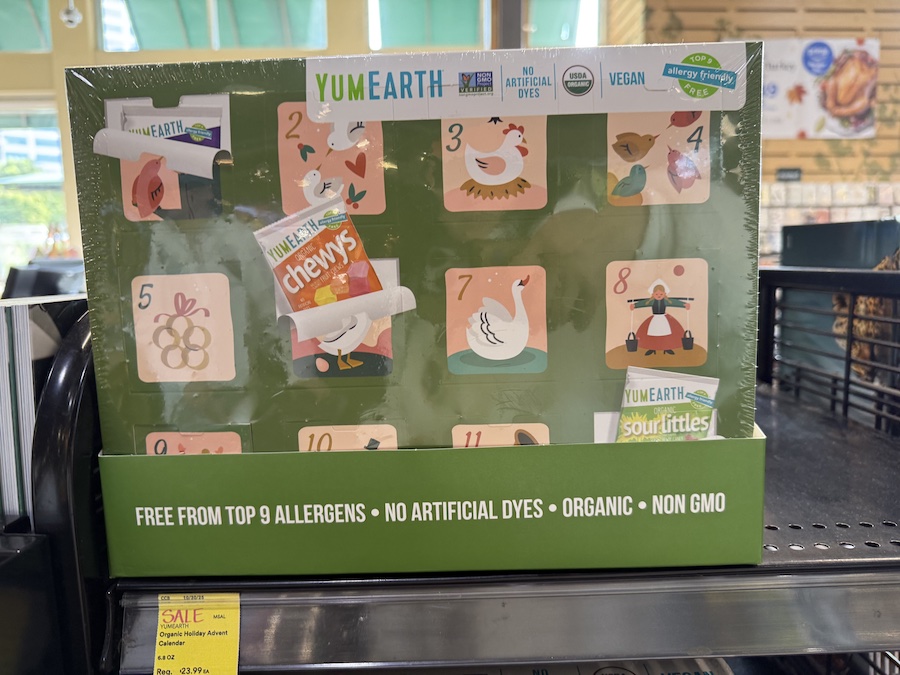 YumEarth advent calendar featuring organic, allergy-friendly sweets in a festive box design.