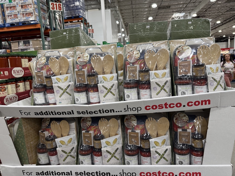 A boxed Italian pasta sauce gift set with multiple jars neatly arranged