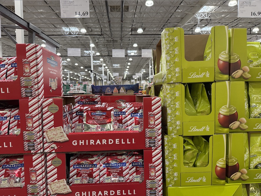 A seasonal bag of Ghirardelli peppermint bark squares in red-and-white holiday packaging.
