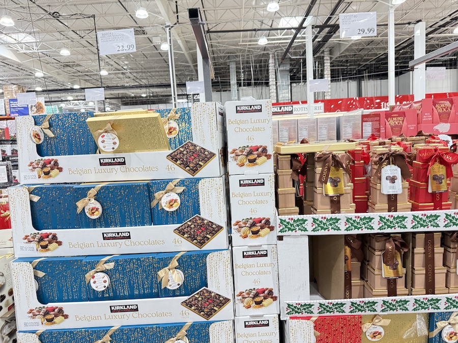 A large festive box of assorted Belgian chocolates.