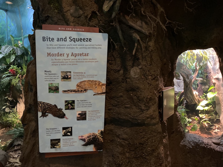 Large “Bite and Squeeze” banner inside The Lair, highlighting venomous reptiles found in the exhibit.