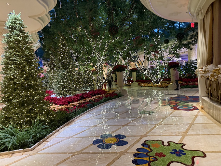 A wide-angle view of the garden area with elaborate holiday lighting and winter-themed arrangements.