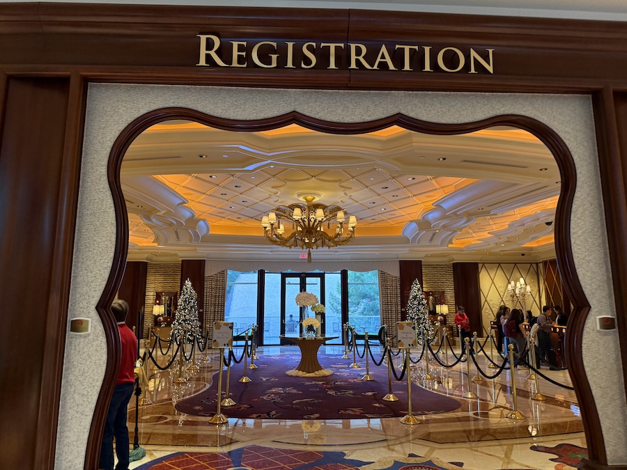 A festive registration area inside Wynn Las Vegas decorated for Christmas