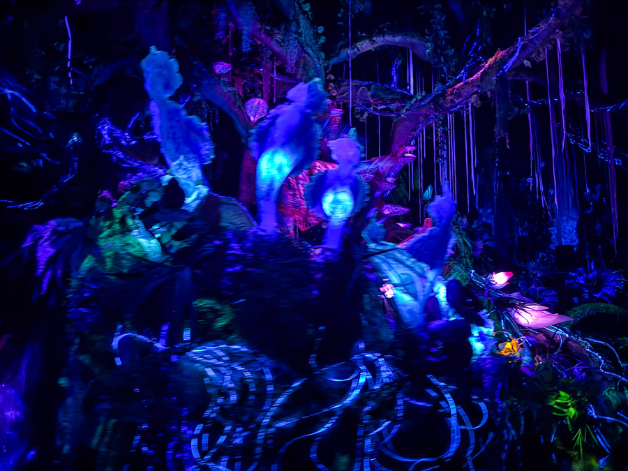 Na’vi River Journey bioluminescent scene with glowing plants in Pandora at Disney’s Animal Kingdom.