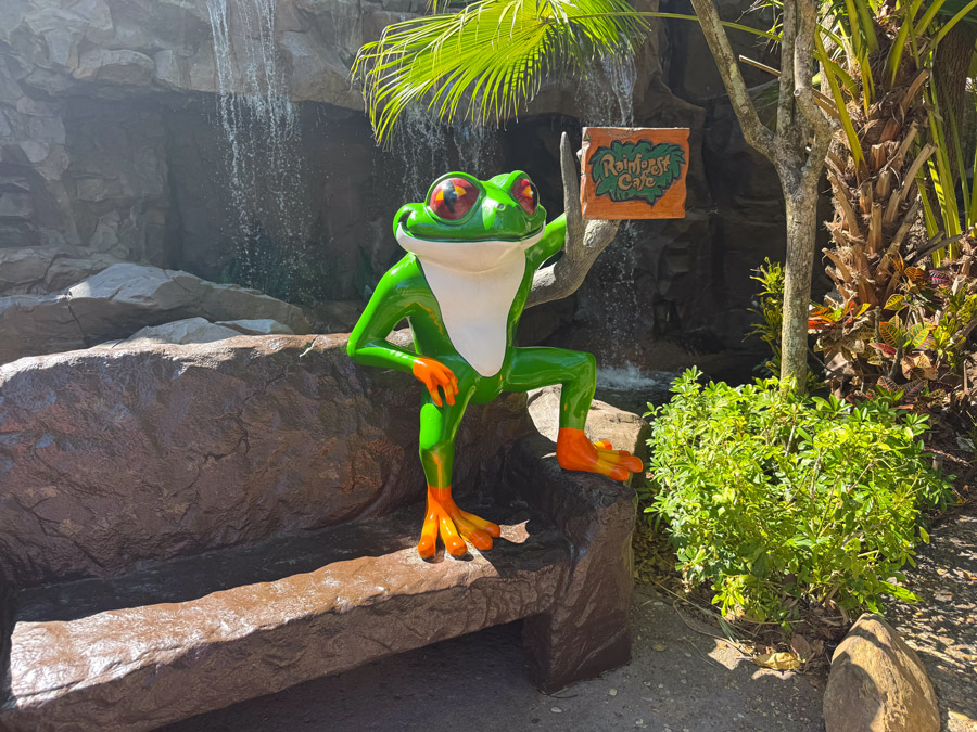 Rainforest Cafe frog statue with waterfall at Disney’s Animal Kingdom Orlando.