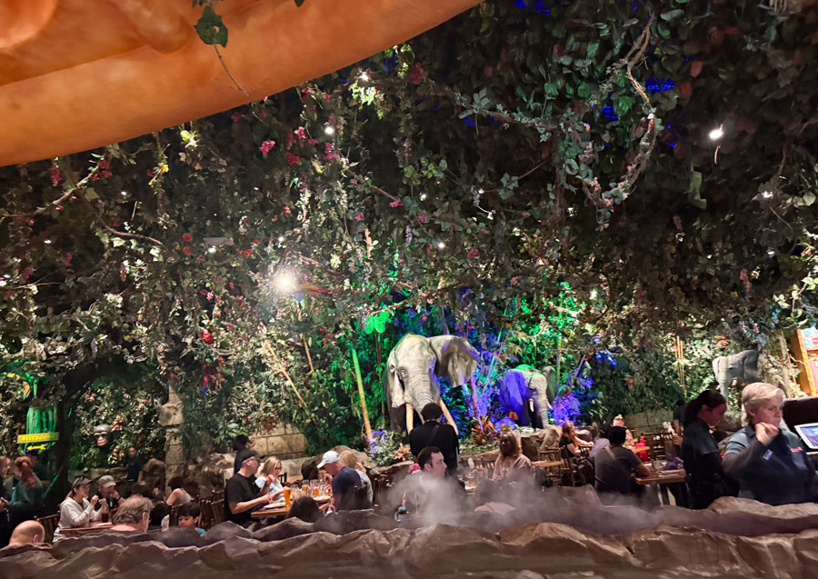 Rainforest Cafe dining area with jungle decor and animatronic animals at Disney’s Animal Kingdom Orlando.