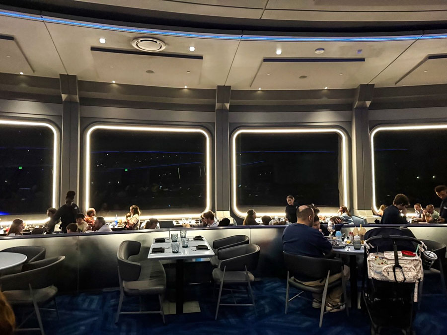 Space 220 restaurant dining room with a view of the earth, EPCOT.