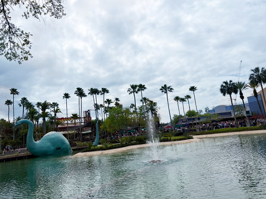 Echo Lake with Gertie dinosaur at Disney’s Hollywood Studios in Orlando with areas partially blocked by construction.