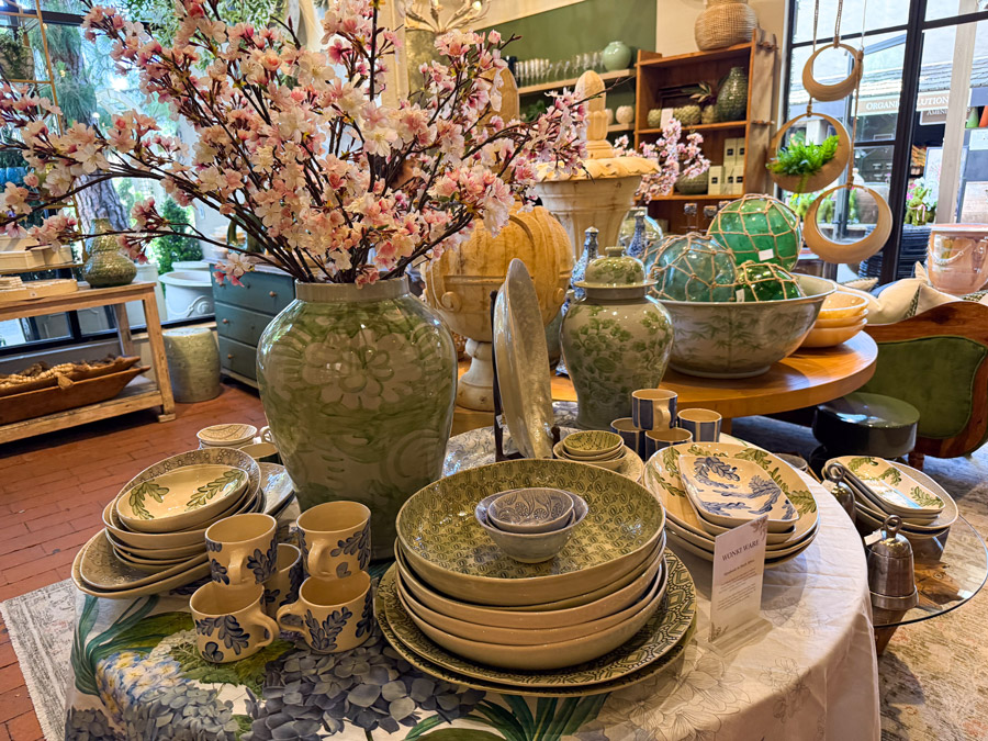 Green ceramic tableware at Roger's Gardens.