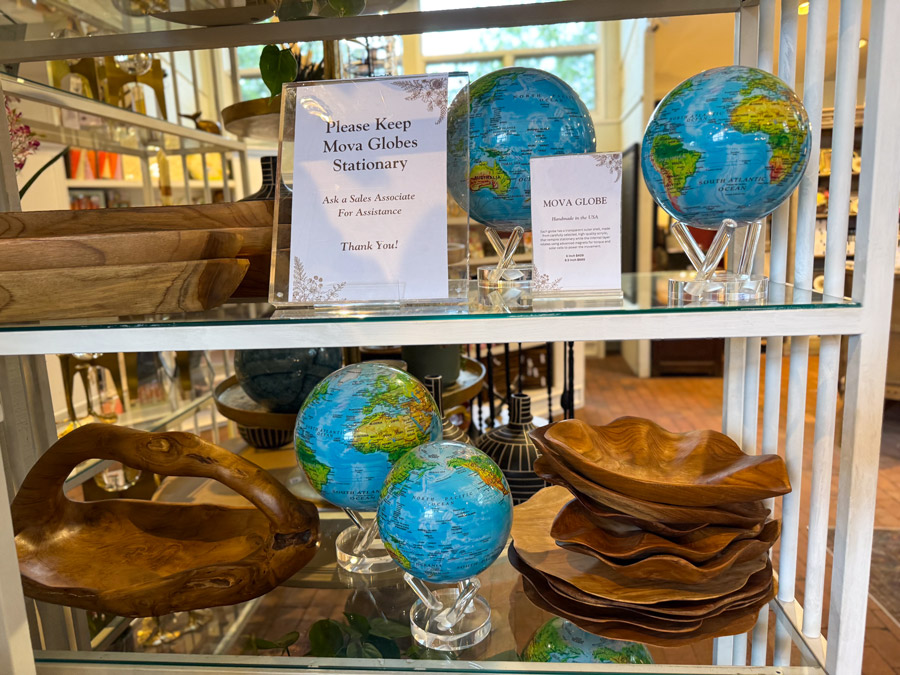 Mova globes and wooden bowls in Roger's Gardens.