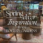 Spring home decor living room display with rattan furniture, layered pillows, orchids, and woven tables at Roger’s Gardens.