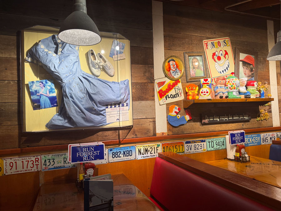 Forrest Gump movie memorabilia and themed dining area inside Bubba Gump restaurant
